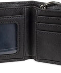 Rugged RFID Leather Bifold Chain Wallet For Men In Pebbled Black, open view showing 3 card slots and clear ID window, heavy chain