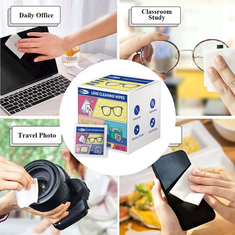Amazon Lens Cleaning Wipes, 300-count, individually wrapped; for glasses, phones, cameras; colorful box artwork.