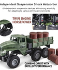 One Sixteenth Scale 6x6 RC Military Truck Off Road Toy Car with rubber tires, suspension, and barrels