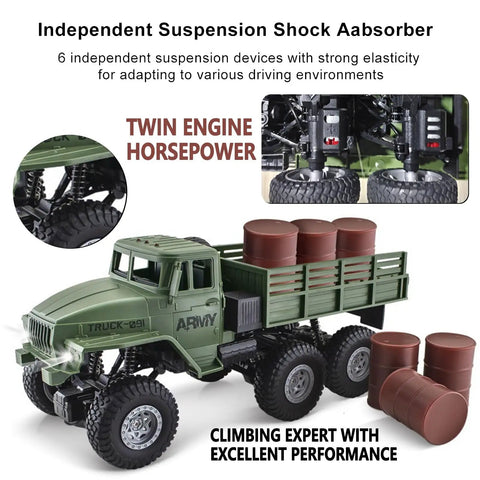 One Sixteenth Scale 6x6 RC Military Truck Off Road Toy Car with rubber tires, suspension, and barrels