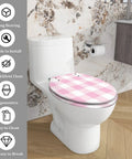 Toilet Seat Resin Waterproof for Bathroom, pink checkered design, fits elongated toilets, easy to clean with slow close feature.