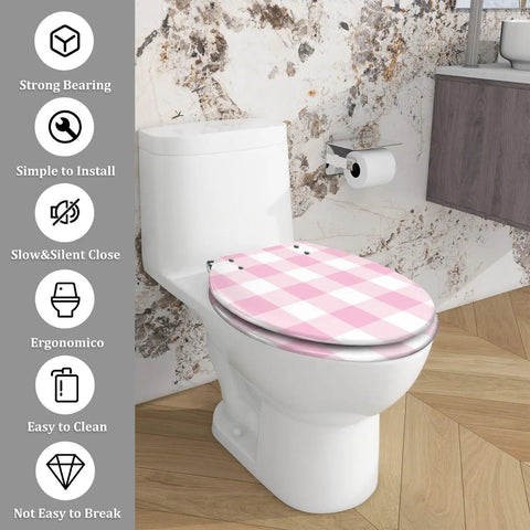 Toilet Seat Resin Waterproof for Bathroom, pink checkered design, fits elongated toilets, easy to clean with slow close feature.