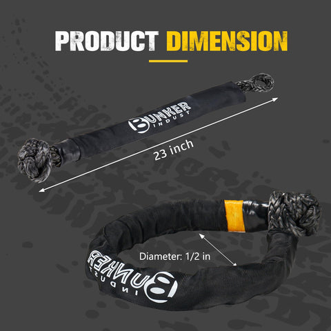 Heavy Duty Synthetic Soft Shackle Rope Half Inch By Twenty Three Inch With 49,000 Pounds Breaking Strength For Winch Towing Recovery Off Road Ready 4x4 Vehicles SUVs ATVs UTVs, showing product dimensions 23 inch length and 1/2 inch diameter.