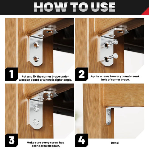 How to use guide for Heavy Duty Corner Braces 8 Pack Stainless Steel 40x40mm 3mm Thick Right Angle Brackets installation on wood.