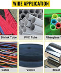 Wide application image showing various tubes like heat shrink, PVC, fiberglass, and cables related to Heavy Duty Electric Wire Stripper With Digital Display 300W Cold Cutting Machine For Precise Cable And Pipe Stripping Micro Computer Controlled Automatic Heat Shrink Tube Cutter Up To 9999.9mm Length.