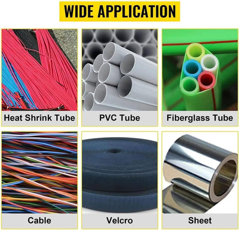 Wide application image showing various tubes like heat shrink, PVC, fiberglass, and cables related to Heavy Duty Electric Wire Stripper With Digital Display 300W Cold Cutting Machine For Precise Cable And Pipe Stripping Micro Computer Controlled Automatic Heat Shrink Tube Cutter Up To 9999.9mm Length.