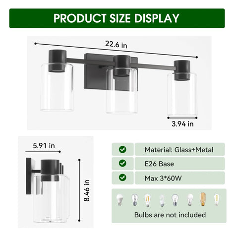 Dope Three Light Matte Black Wall Sconces For Bathroom Vanity Over Mirror Modern Glass Shade Fixtures with size details