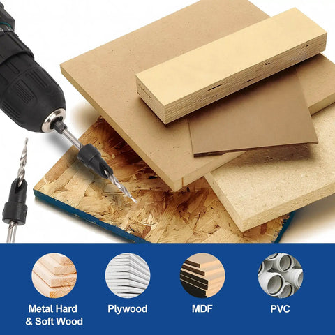 Heavy Duty Countersink Drill Bits Set Built Tough For Wood And Metal With Carbide Tips on various materials for smooth drilling.