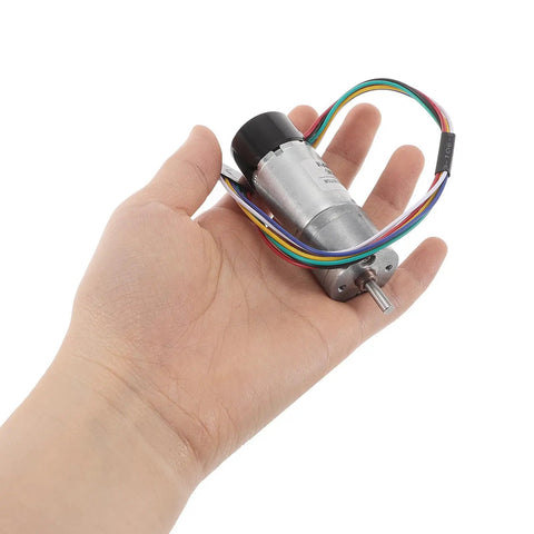 Top Shelf High Torque Metal Dc Micro Motor With Encoder in hand showing wires, compact for low RPM applications.