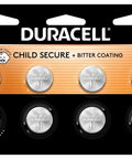 Heavy Duty Cr2032 3V Lithium Coin Batteries 8 Pack from Duracell with child secure coating for key fobs and wearables.