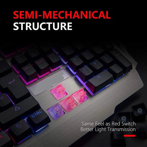 Full Size Mechanical Keyboard And Mouse Combo With Rgb Gaming Backlighting showing semi-mechanical structure and RGB keys.