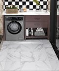 Laundry room with gray and white marble vinyl floor tiles, 12x12 inch, peel and stick, waterproof, removable flooring