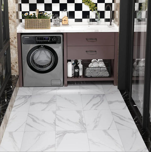 Laundry room with gray and white marble vinyl floor tiles, 12x12 inch, peel and stick, waterproof, removable flooring