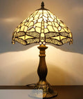 Cream Stained Glass Dragonfly Tiffany Bedside Table Lamp 12x12x18 Inches with vintage green bronze base and cozy glow.