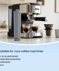 Claris Smart Filter Compatible Water Filter for Jura 71794 Replacement Cartridge One Pack No Fuss Install and Clean Taste with Easy Tank Extension Accessory Setup; gray cartridge beside Jura espresso machine