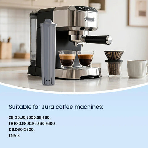Claris Smart Filter Compatible Water Filter for Jura 71794 Replacement Cartridge One Pack No Fuss Install and Clean Taste with Easy Tank Extension Accessory Setup; gray cartridge beside Jura espresso machine