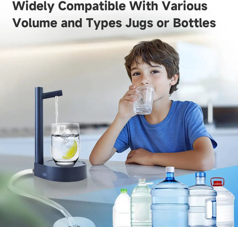 Child drinking from glass using Smart Table Water Dispenser For 5 Gallon Bottle With Desktop Pump, Portable Countertop Hydration Station