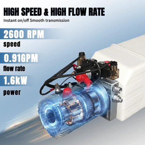 High-speed Dual Acting 12V Hydraulic Power Unit With Plastic Reservoir for Dump Truck, 2600 RPM, 0.91 GPM, 1.6kW power
