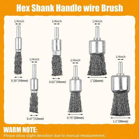 Six Size Drill Wire End Brush Set With Crimped Carbon Steel Wires And One Quarter Inch Shanks Includes 10mm, 12mm, 16mm, 20mm, 25mm And 30mm Diameters For Fast Deburring, Rust Removal, And Surface Prep On Auto, Metal, And Wood Projects