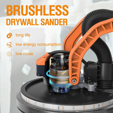 Brushless Electric Drywall Sander With Vacuum Dust Collection, Telescopic Handle, and LED Light, showcasing motor details.