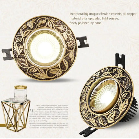 Sleek Set Of 12 Premium 3.8 Inch Brass LED Recessed Can Lights, Dimmable Gold Adjustable COB Downlights For Living Room - ornate design.