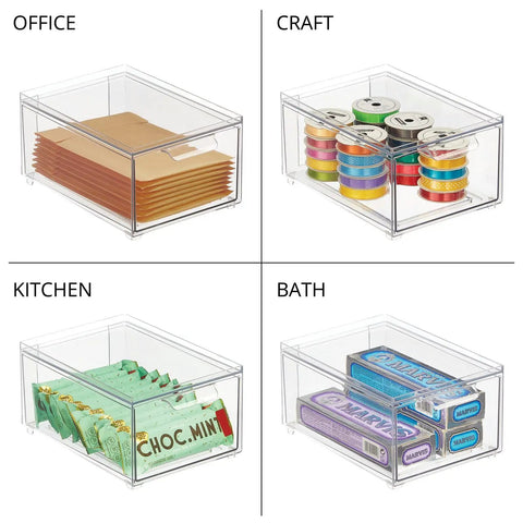 Office, craft, kitchen, bath uses for Stackable Storage Box With 2 Pull Out Drawers Clear Plastic Bin For Closet Organization.