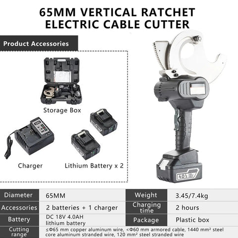 Uywtgf Cordless Ratchet Cable Cutter Wrench with two batteries, charger, and storage box for copper aluminum cable cutting.