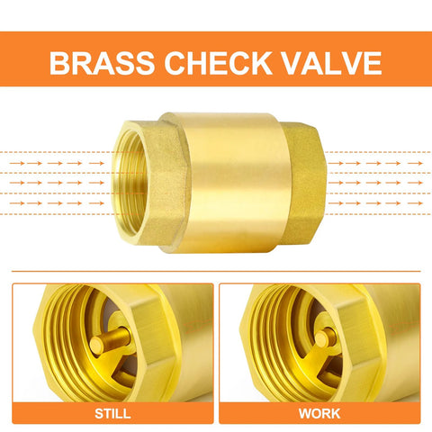 Front view of brass check valve, 1-inch female thread, two-pack, backflow prevention
