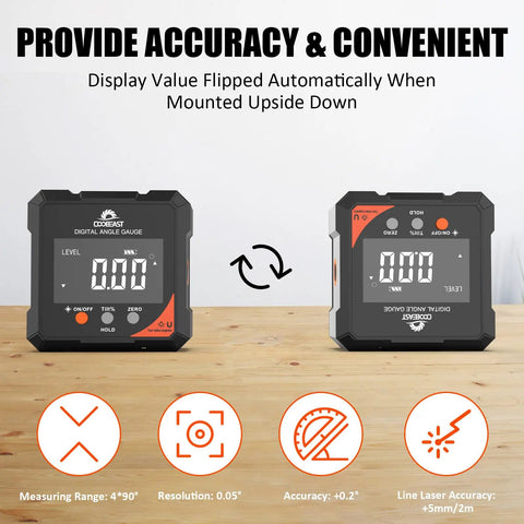 Front view of 4-Side Magnetic Digital Angle Gauge With Laser, Rechargeable Mini Digital Laser Level Cube Inclinometer, Backlit Display.