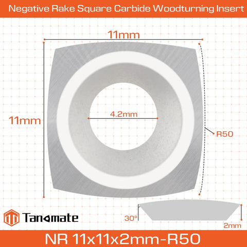 Negative Rake Carbide Insert 11x11x2.0mm R50 with diagram for Woodturning Lathe Tools, reducing chipping on resin and acrylic.