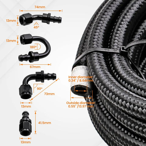 Beefed Up Universal 6AN Fuel Line Kit with hose measurements and braided design, 3/8 inch nylon braided push lock ends.