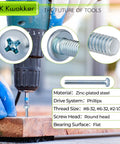 Top Shelf Assorted Hardware Kit For Cabinets And Drawers Featuring Dead Simple Phillips Pan Head Screws Mixed Jumbo Box Of Bolts Nuts And Washers In Silver Bright Finish For No Sweat Quick Fixes close-up of zinc-plated screw being used with drill.