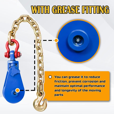 Upgraded Snatch Block With Chain Four Ton WLL Built Tough Heavy Duty Pulley For One Half Inch Wire Ropes Towing And Recovery Rollback Wrecker Car Carrier Tow Truck Accessories with grease fitting