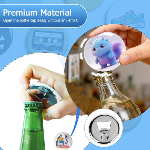 50 Sets 2.25 Inch Bottle Opener Button Badges With Magnetic Backing used to open a bottle, showcasing metal and magnet design