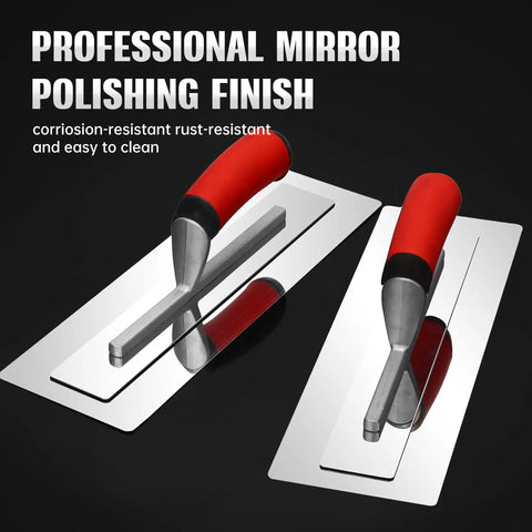 Pro Grade Drywall Finish Trowel With Stainless Steel Blade And Ergonomic Grip, mirror-polished pair with red handles, top view.