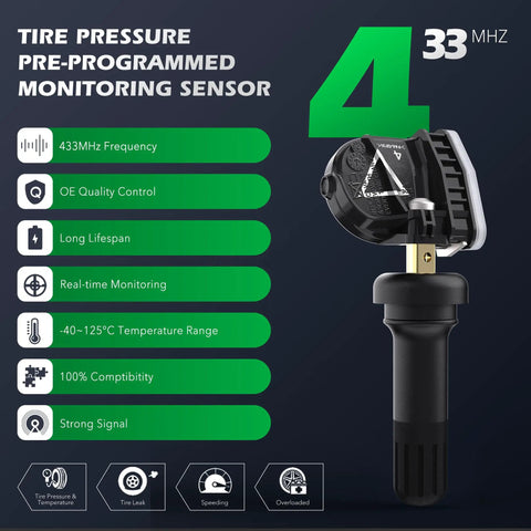 433MHz TPMS Sensor Four Pack For Chevy GMC Buick Cadillac - Easy Install Tire Pressure Monitor Replacement Kit, Plug-And-Play, Reliable Readings, Fits Chevy Blazer And More GM SUVs. 4-pack sensor display