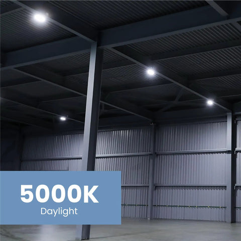 Mega Bright 125W LED Corn Cob Bulb With 15000 Lumens 5000K Daylight 750W Replacement Mogul Base Adapter Included 25000 Hour Life Energy Saving For Barns Warehouses Large Spaces illuminating a large warehouse space with daylight color temperature.