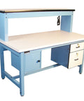 Solid Modular Technical Workbench With ESD Laminate Surface, 60 By 30 Inch with white surface, blue frame, and locking drawers.