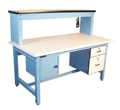 Solid Modular Technical Workbench With ESD Laminate Surface, 60 By 30 Inch with white surface, blue frame, and locking drawers.