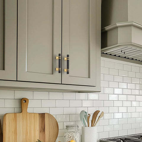 Kitchen cabinets with Black And Gold Cabinet Pulls 30 Pack With 3 Inch Hole Center Square Handles For Cabinets And Drawers installed.