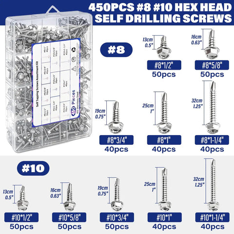 450 Piece Self Tapping And Self Drilling Screws Set In 410 Stainless Steel Hex Washer Head Kit Sizes Half Inch To One And One Quarter Inch
