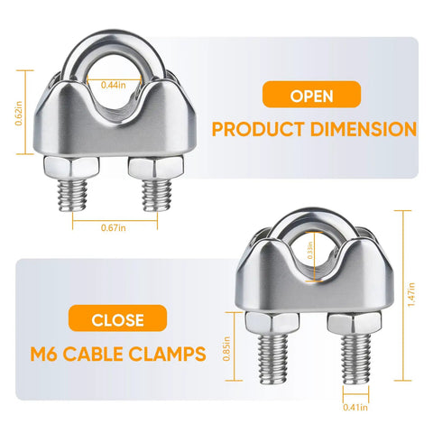 Close-up view of 12 Pack One Quarter Inch 304 Stainless Steel Wire Rope Cable Clamps dimensions, showing M6 U-bolt saddle fasteners.