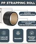 Heavy Duty Polypropylene Pallet Strapping Roll One Thousand Feet Long Half Inch Wide Four Hundred Pound Break Strength Self Dispenser Box Included, showcasing commercial grade strength and 100% PP material.