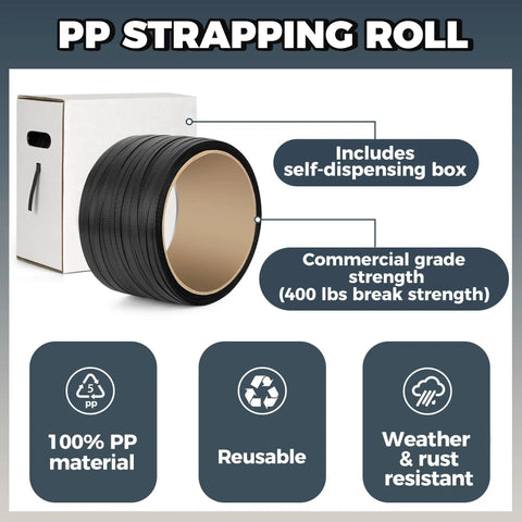 Heavy Duty Polypropylene Pallet Strapping Roll One Thousand Feet Long Half Inch Wide Four Hundred Pound Break Strength Self Dispenser Box Included, showcasing commercial grade strength and 100% PP material.