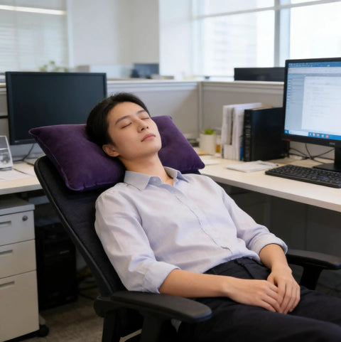 Person in office chair using Inflatable Neck And Lumbar Support Travel Pillow For Office Car Camping Hiking And Naps Dark Blue Color Super Cozy Yet Firm Easy To Inflate Adjustable Firmness Lightweight And Portable For All Day Comfort On The Go
