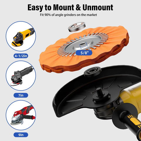 Front view of BURMONG 8-inch buffing wheel with 5/8-inch arbor for 4.5-inch grinders; orange polishing wheel, 9-piece kit