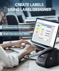 Top Tier Desktop Thermal Label Printer That Smoothly Handles Address File Folder And Barcode Rolls For Streamlining Your Daily Shipping Grind Up To Three Thirty Five Inch Width With Zero Hassle Setup with label design software on laptop.