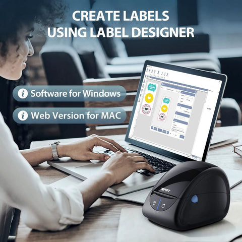 Top Tier Desktop Thermal Label Printer That Smoothly Handles Address File Folder And Barcode Rolls For Streamlining Your Daily Shipping Grind Up To Three Thirty Five Inch Width With Zero Hassle Setup with label design software on laptop.