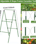 Foldable A Frame Garden Trellis For Cucumber Beans And Vines In Raised Beds Yard Ready Outdoor Green 15x47 Inches With Plastic Coated Steel Core Includes 17 Stakes 8 Wire Connectors 2 A Frame Connectors And Bird Net with dimensions and material details.