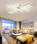 Ultra Modern Geometric Sleek Flush Mount LED Ceiling Light with Remote Dimmable Close To Ceiling Fixture in living room.